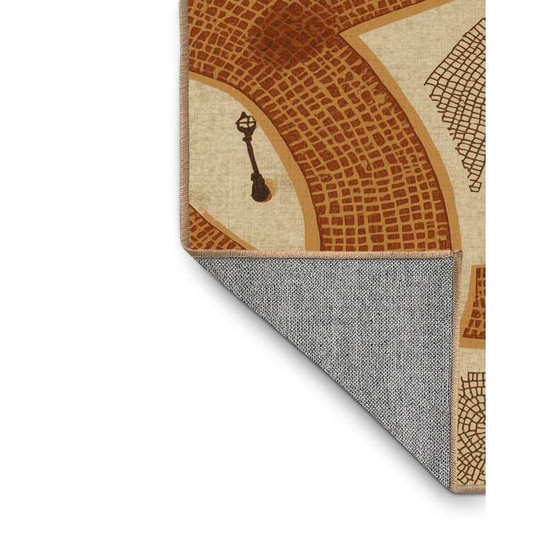 Tapis brun rétro lavable à la machine à motif rétro du Vieux-Port de Montréal en brun - Reliure brun clair, 5 x 7