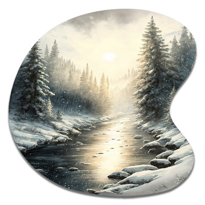 Sunlight Reflecting The Snow Forest River I - Paysage lac en forme de goutte, art mural assymétrique en métal