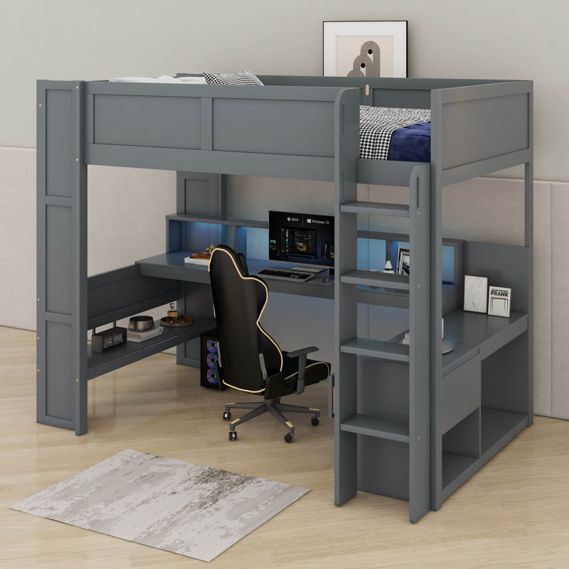Lit mezzanine pleine grandeur avec bureau, lit mezzanine en bois avec ports USB, lumières DEL, lit mezzanine avec tablettes multi-rangements
