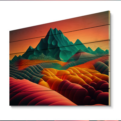 Abstrait de montagnes magenta jaune et bleu I - Paysage de montagne, art mural en bois - Bois de pin naturel