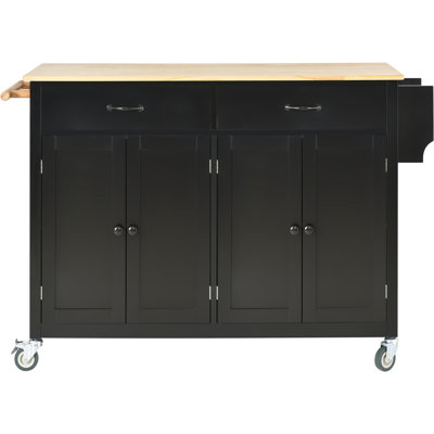 Black Kitchen Island Cart With Solid Wood Worktop, 4 Door Cabinet, 2 Drawers, Spice Rack & Movable - Black, Table Top, Transportable Wheels