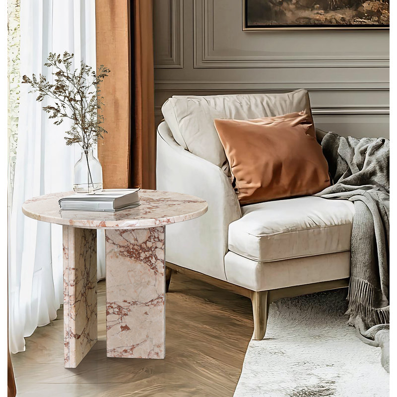 Pink Natural Marble Coffee Table, Small Living Room Accent, Genuine Stone With Unique Veining