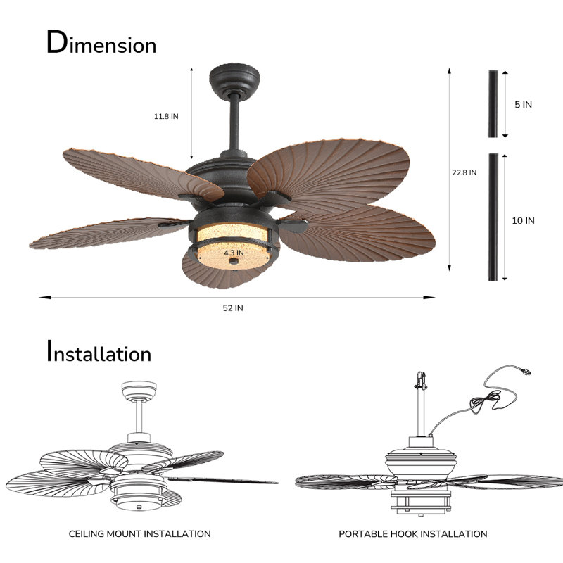 Ventilateur de plafond extérieur de 52 po avec lumières, ventilateur à feuilles de palmier tropical, lumière à intensité variable avec télécommande / application, montage encastré / encastré