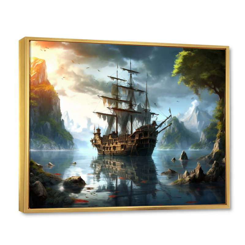 Bateau pirate en mer - art mural pirate, H 24 po x l 32 po x P 1 po, Cadre flottant doré
