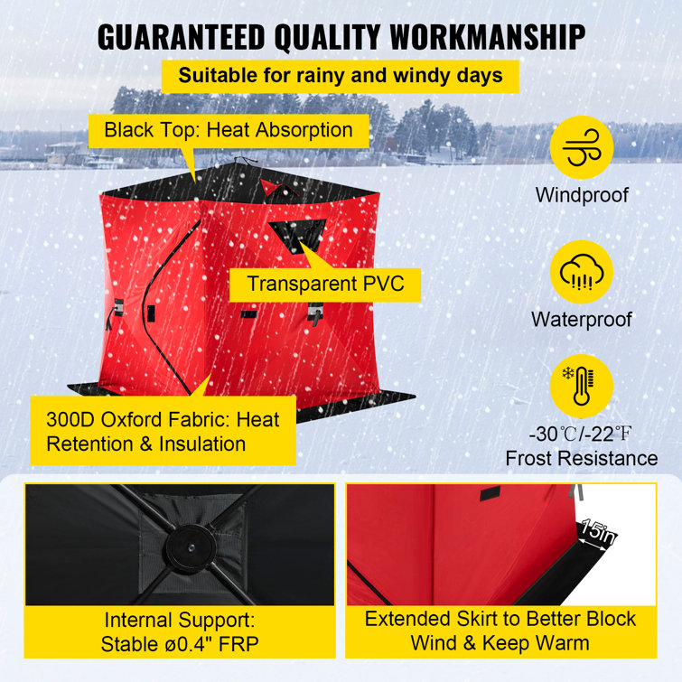 Outsunny 2 Person Ice Fishing Shelter with Padded Walls, Thermal Waterproof Portable Pop Up Ice Tent with 2 Doors, Black