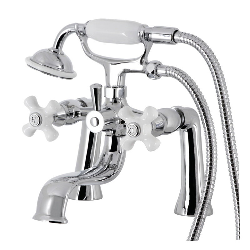 Kingston Brass Kingston Three-Handle 2-Hole Deck Mount Clawfoot Tub Faucet with Hand Shower, Polished Chrome