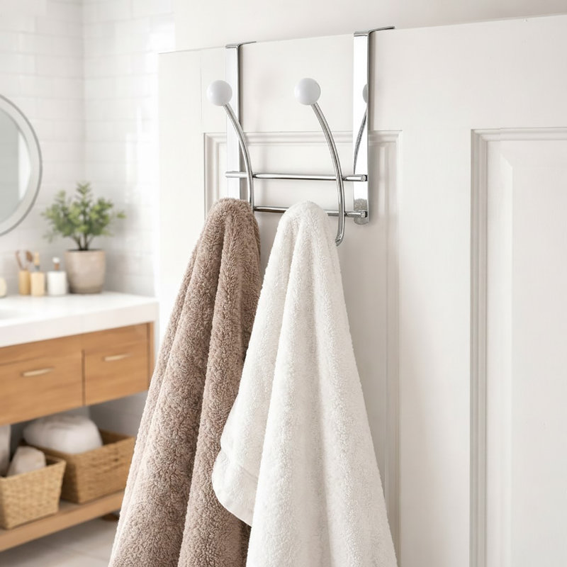 Over The Door Hook Rack with 4 Ball Ends, Chrome/White