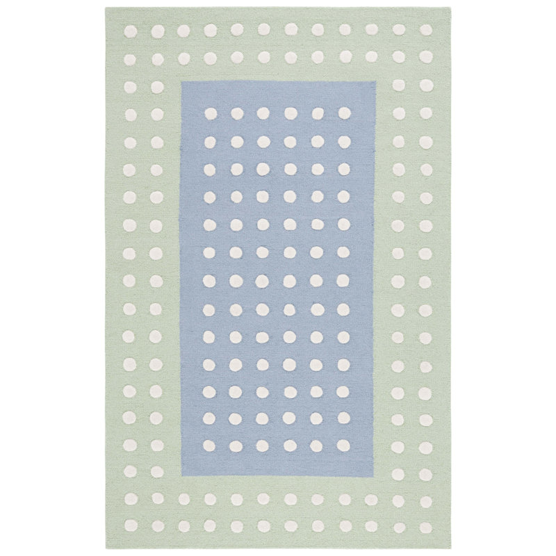 Polka Dots Hand Tufted Wool/Cotton in Blue/Green Area Rug, Round 5'