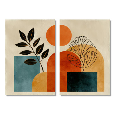 «Blue and Orange Boho Minimalist Geometric Plant - Botanicals, reproduction d'art sur toile, décoration murale botanique bleue 2 pièces