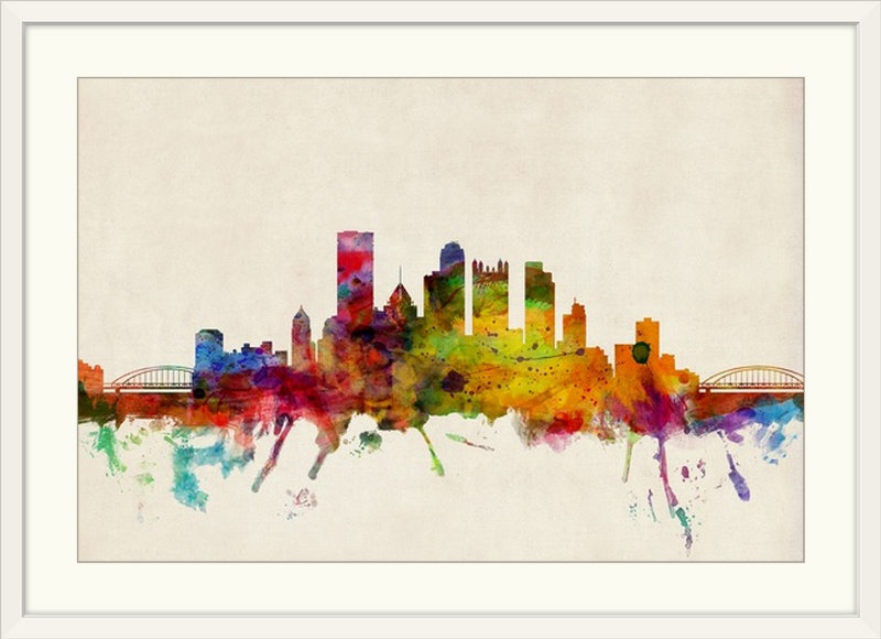 «Pittsburgh Skyline» par Francy, impression, H 32 po x l 44 po x P 1 po, Cadre blanc