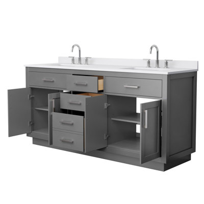 Beckett 72 Inch Double Bathroom Vanity with Toe Kick in Dark Gray, White Cultured Marble Countertop, Undermount Square Sinks (3-Hole), Brushed Nickel Trim