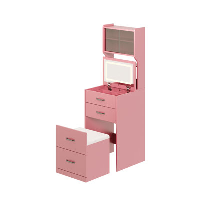 Makeup Vanity Table Set with LED Light Flip Mirror, 2 Storage Drawers & Cushioned Stool, Slim Tall Dressing Desk with Glass Display Cabinet for Small Bedroom