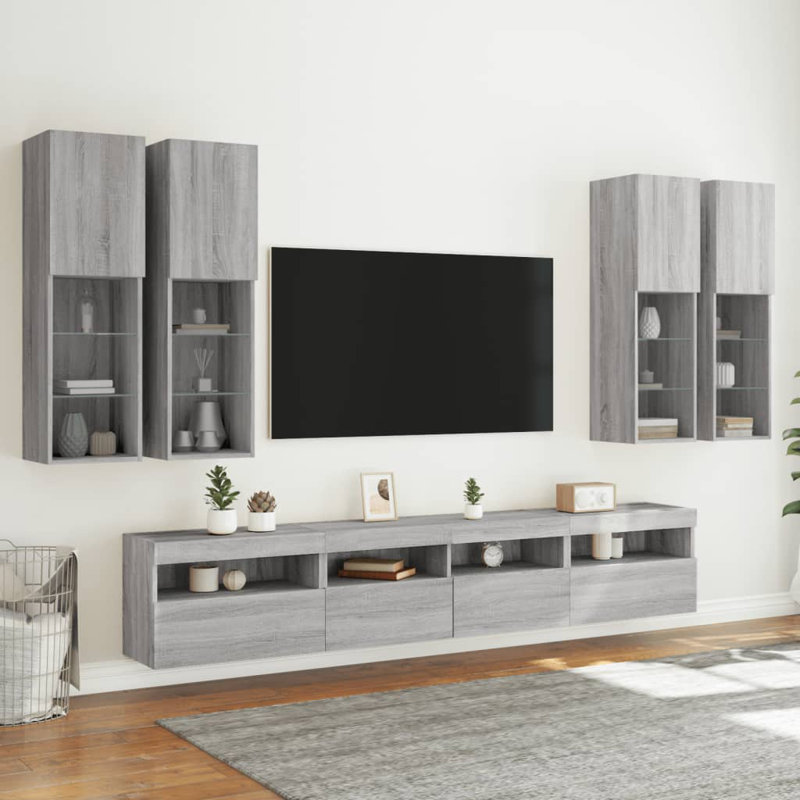 7 Piece TV Wall Cabinet Set with LED Lights, 40.16cm H x 86.61cm L x 11.81cm W, Grey Sonoma