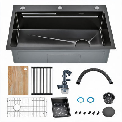 30" Black PVD Coated Undermount Kitchen Sink, 9" Deep Single Bowl with X-Groove Drain & 5-Piece Accessory Kit, Panel with holes
