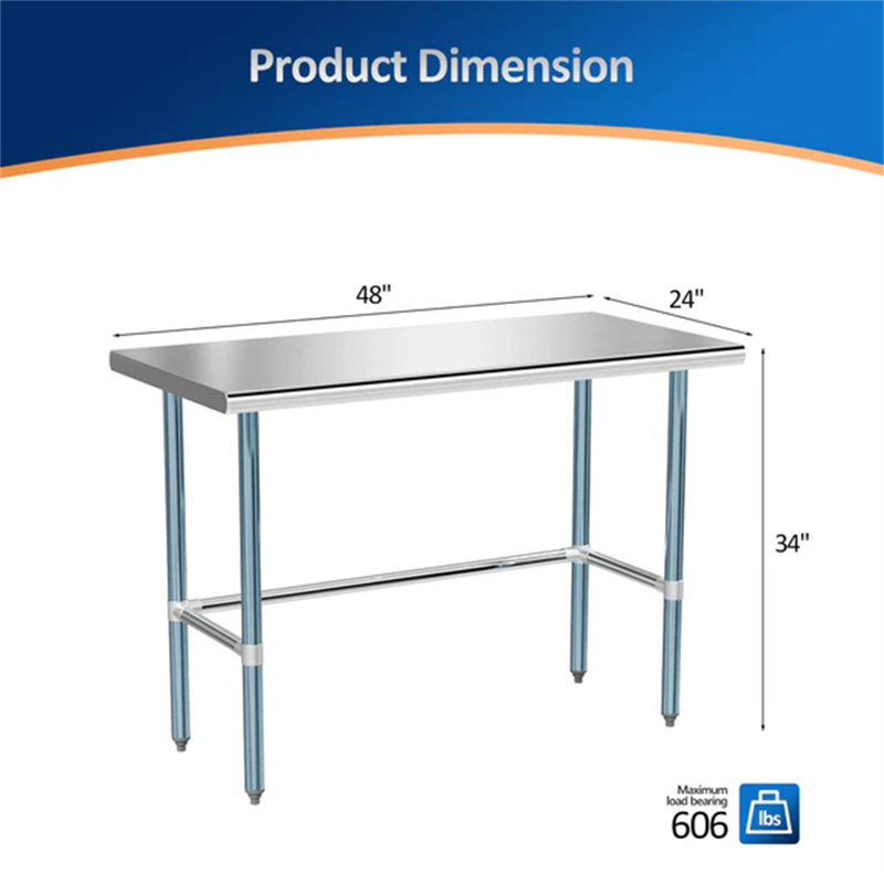 Table ouverte en acier inoxydable, H 34 po x l 48 po x P 24 po