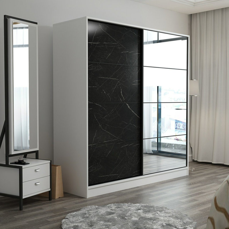 Armoire-penderie 2 portes avec 2 tiroirs, Blanc/Noir