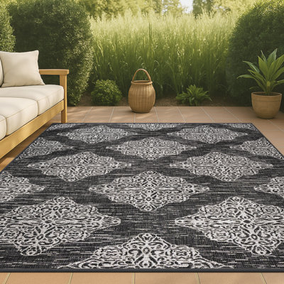 Tapis intérieur / extérieur noir / ivoire Hysell Ornate Medallions