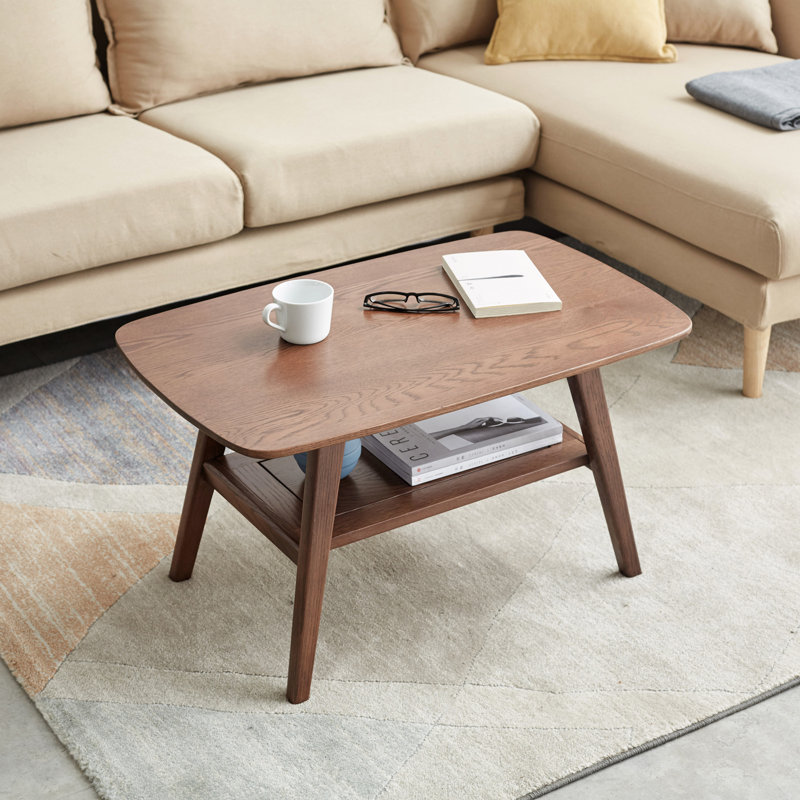 31.5"L Solid Oak Coffee Table With Shelf, 17.32" H x 31.5" L x 19.69" W, Red Oak & Brown Stain