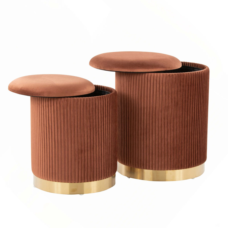 Nesting Pleated Ottoman Set In Gold Metal And Peacock Teal Velvet, Light Brown