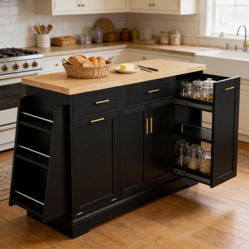 Multi-Functional Storage Sideboard, Trash Can Storage, Sliding Door Cabinet & 3-Tier Spice Rack,Kitchen Island Table For Kitchen, Dining Room