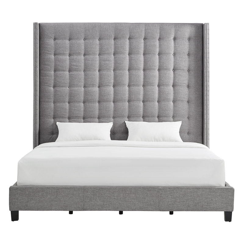 Kaster Upholstered Wingback Bed, Pewter Grey Linen, Eastern King