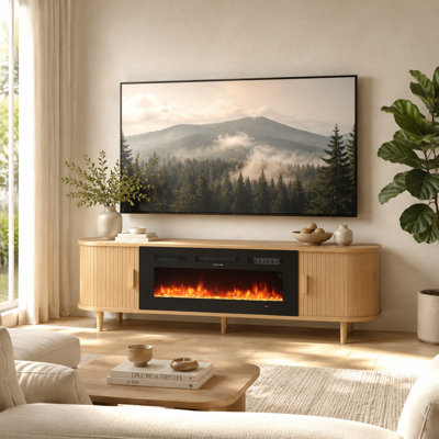 Meuble télé 70 po pour cheminée cannelée en chêne avec télécommande et contrôle tactile, couleurs et température de flamme réglables, centre de divertissement avec rangement pour téléviseurs de 80 po, console multimédia moderne pour le salon