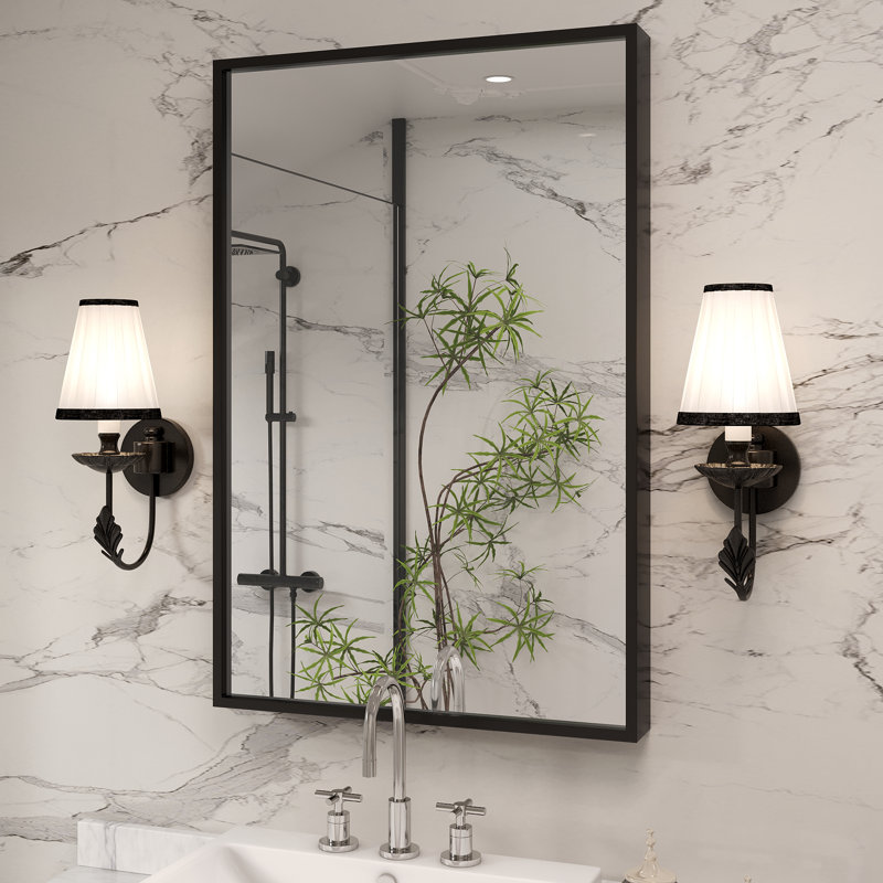Molly Tempered Glass and Metal  Alloy Square-Corner Framed French Cleat Mounted Wall Bathroom / Vanity Mirror, 36" x 24"