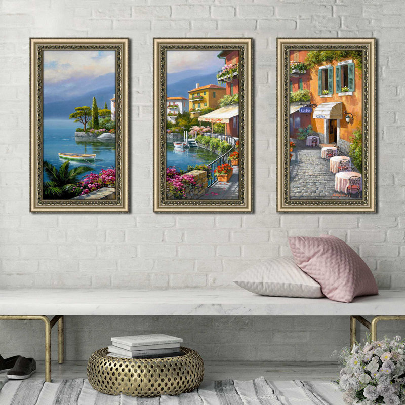 «Seaside Bistro Cafe» par Sung Kim - cadre photo 3 pièces, impression, H 35,5 po x l 58,5 po x P 0,75 po