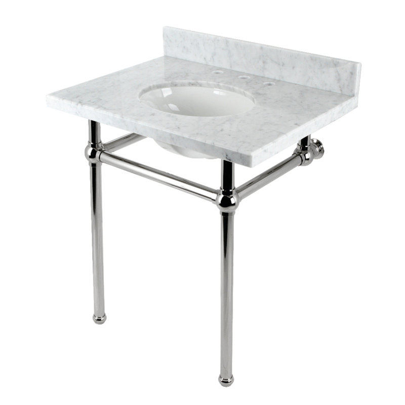 Kingston Brass Templeton 30-Inch Carrara Marble Console Sink with Brass Legs (8-Inch, 3-Hole), Marble White/Polished Nickel