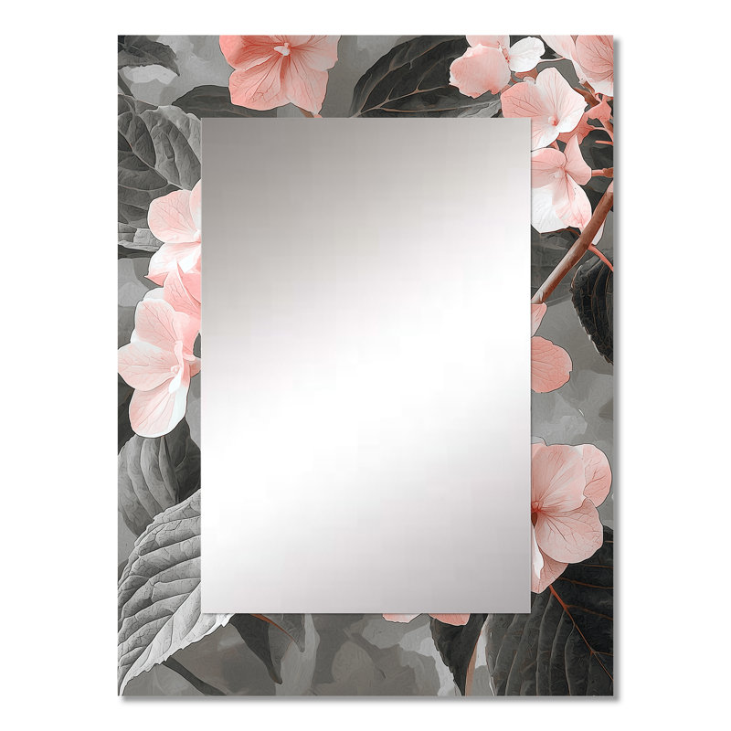 Doux hortensia rose en niveaux de gris III - miroir d'hortensia, miroir mural décoratif traditionnel, impression d'art en métal
