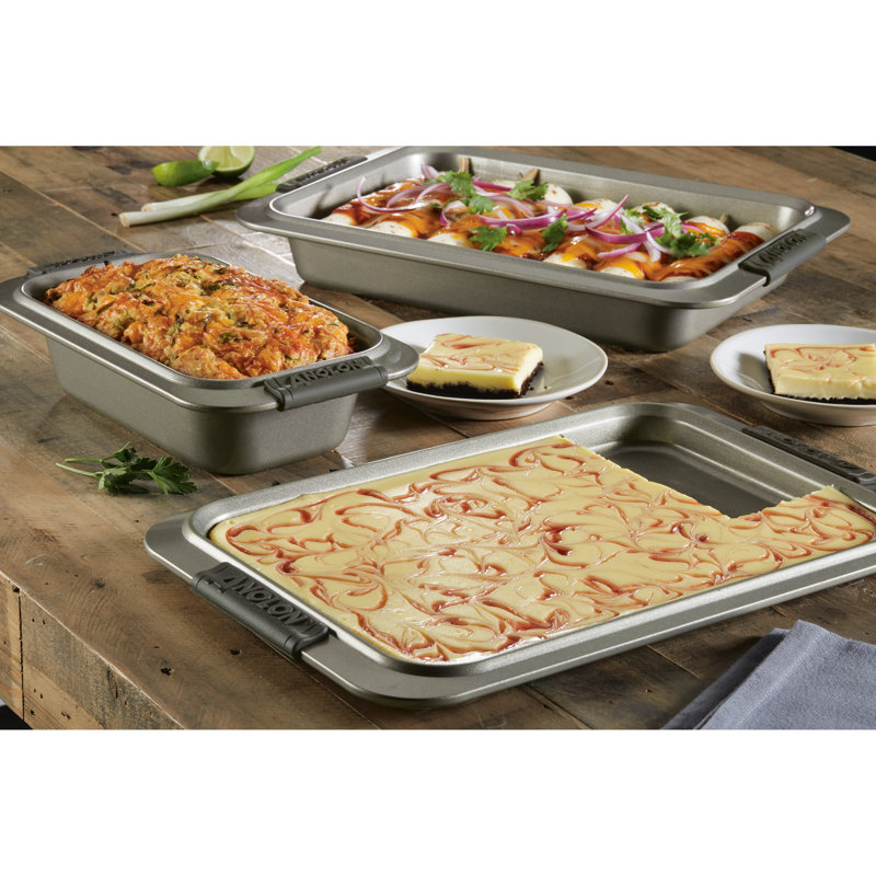 Anolon Advanced Nonstick Bakeware / Baking Set with Silicone Grips, Gray, 5-Piece Set (3 Cake Pans, 1 Cookie Sheet, 1 Rack)