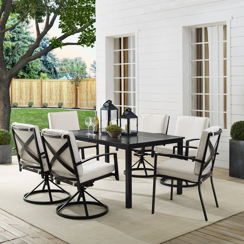 Halles 6 - Person Steel Patio Dining Set Umbrella Hole Included Rectangular Table with Cushions Included, Oatmeal