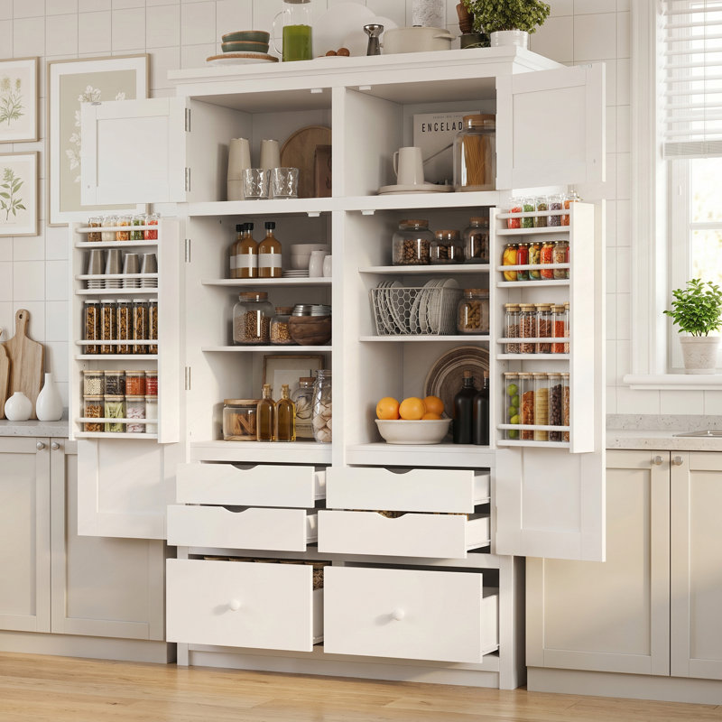 Garde-manger autoportant, armoire de rangement haute avec 8 tablettes de porte, 4 plateaux coulissants et 6 tiroirs, White