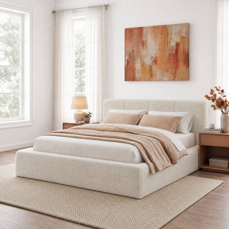 Luxurious Cloud Soft Compressed Upholstered Platform Bed, Queen, Cream Oatmeal