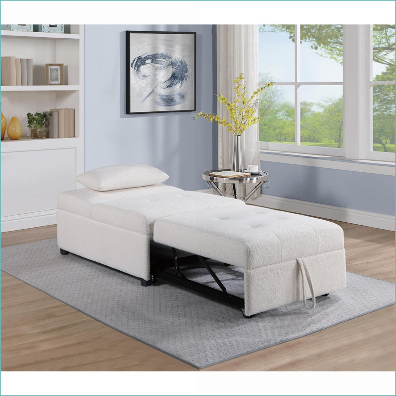 Sofas, Contemporary Snow White Sherpa Convertible Sleeper Sofa Chair with Pull-Out Bed | White | Fabric, Beige