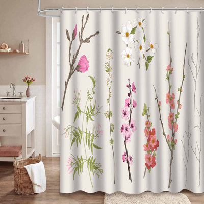 Waterproof Vintage Cherry Blossom Bath Spring Magnolia Shower Curtain with 12 Hooks