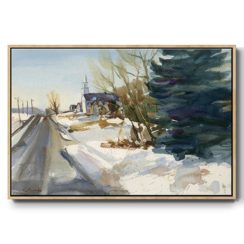 Église paroissiale en hiver, H 25 po x l 37 po x P 1,5 po, Cadre naturel flottant