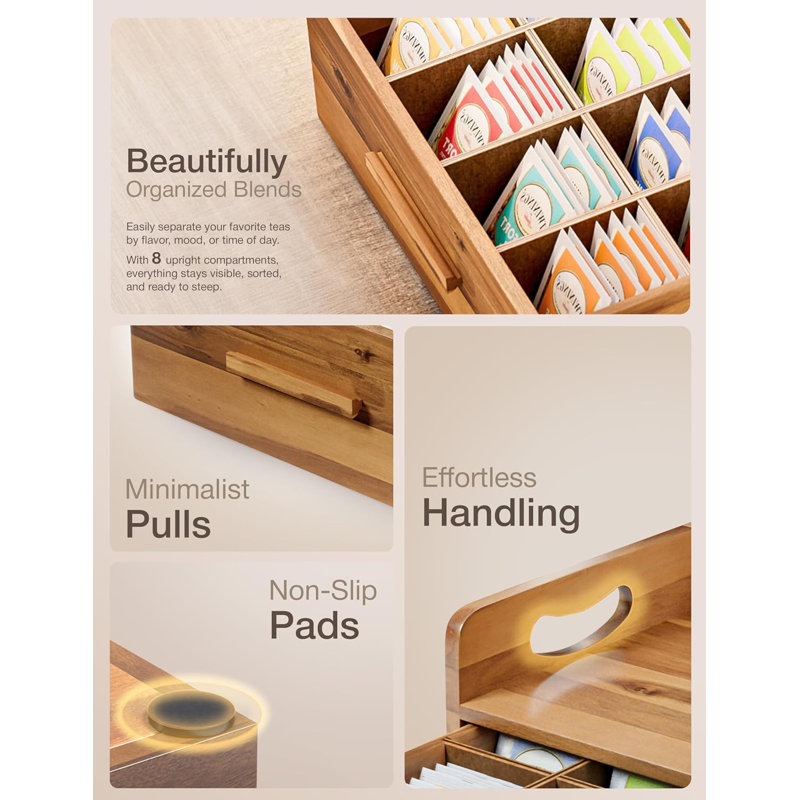 Acacia Wooden Tea Box Organizer with Drawer Solid Acacia Wood, Holds up to 100 tea bags, Non-slip, Smooth-Glide Minimalist Pulls