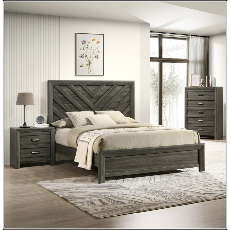 Commode rustique contemporaine en bois avec cinq tiroirs spacieux, finition grise pour le rangement et l'élégance de la chambre à coucher