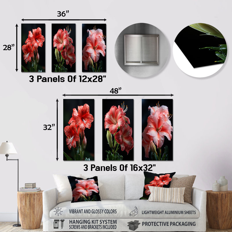 Ensemble de 3 décorations murales en métal rose Lily Flower Elegance I, H 28 po x l 36 po