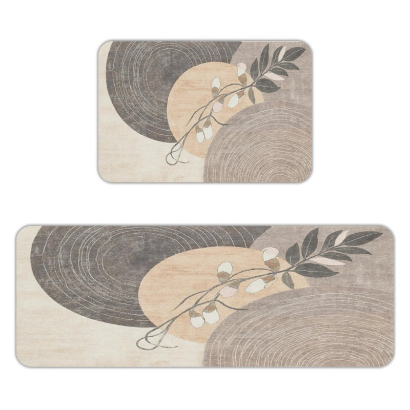 Ensemble de 2 tapis de cuisine en grain de bois botanique, Formes géométriques brunes
