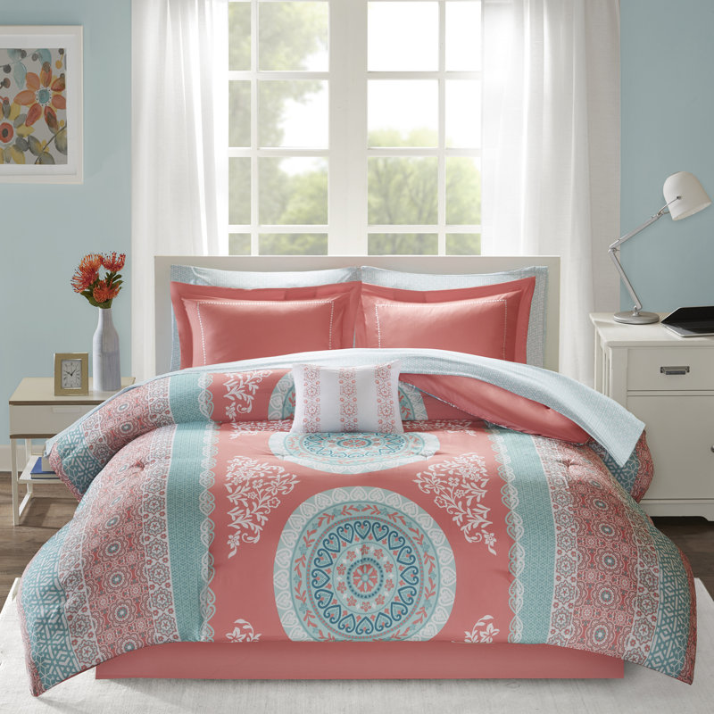 Coral and Aqua Bohemian Queen Microfiber Bed in a Bag Set