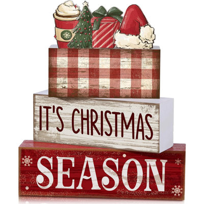 Ensemble de 4 décorations de table de Noël en bois : chapeau de Père Noël et chocolat chaud | Motif à carreaux Buffalo, panneaux rustiques à poser sur un foyer, blocs de bois sur le thème des fêtes, cadeau de Noël champêtre