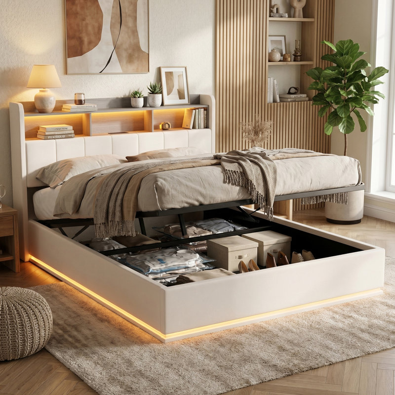 White Velvet Ottoman Bed with LED & Charging Headboard, 2-Tier Storage Shelf, 90/140/160x200cm