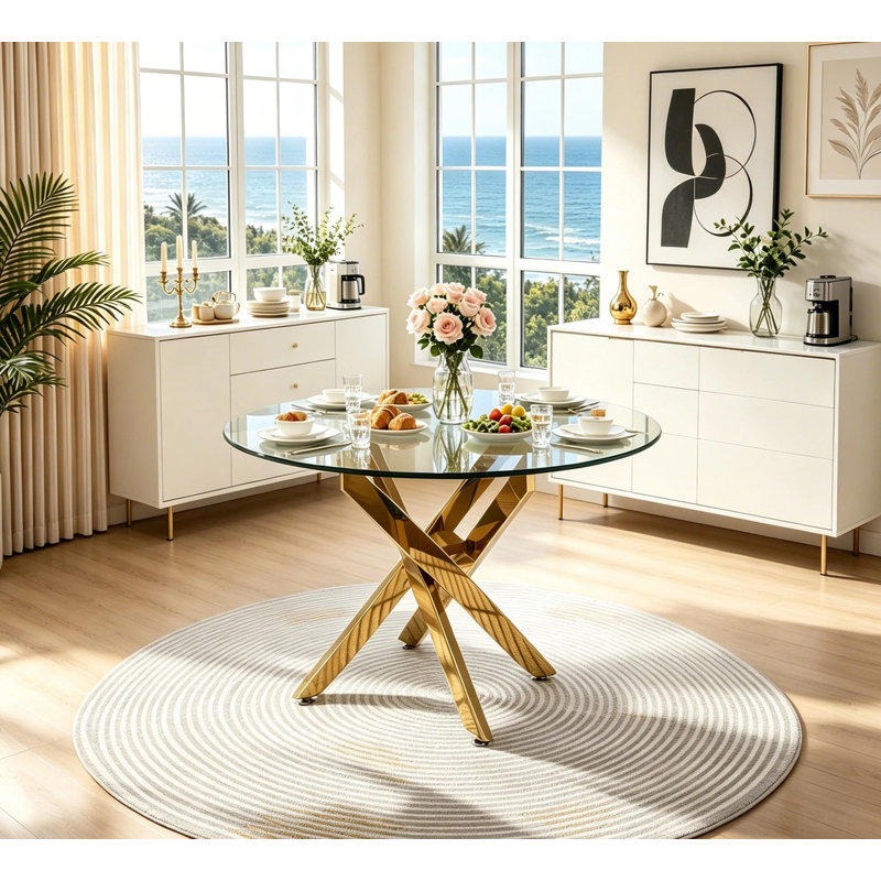 Ensemble de table à manger ronde 5 pièces pour 4 personnes, table de cuisine ronde en verre de 91 cm avec base en métal en forme de X et 4 chaises capitonnées en velours (ensemble de 5)