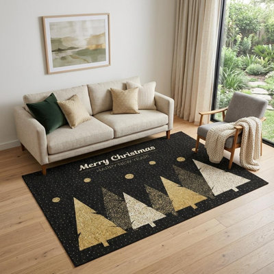 Tapis lavable pour arbre de Noël or noir et ivoire 5 pi x 8 pi avec protection UV
