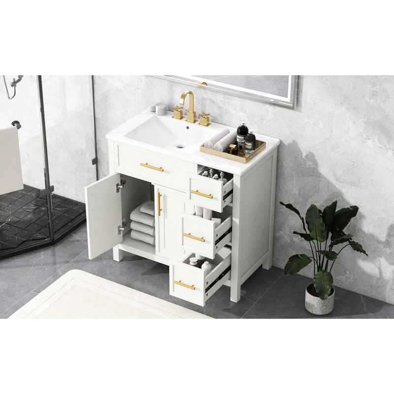 Meuble-lavabo de salle de bain de style moderne, bois massif et planches, meuble-lavabo avec finition à l'eau 36 po, 2 portes, 3 tiroirs, blanc, efficace