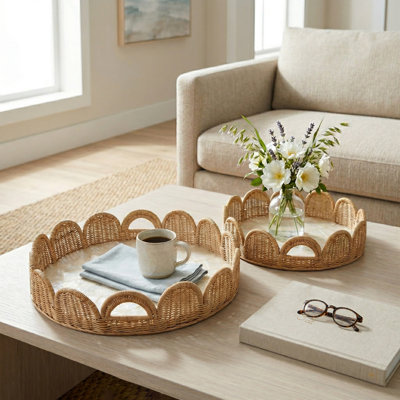 Decorative Woven Round Tray With Scallop Edge - Stylish Accent Tray For Ottoman, Coffee Table, Or Jewelry Display - Set Of 2, 24",20", Ivory & Tan