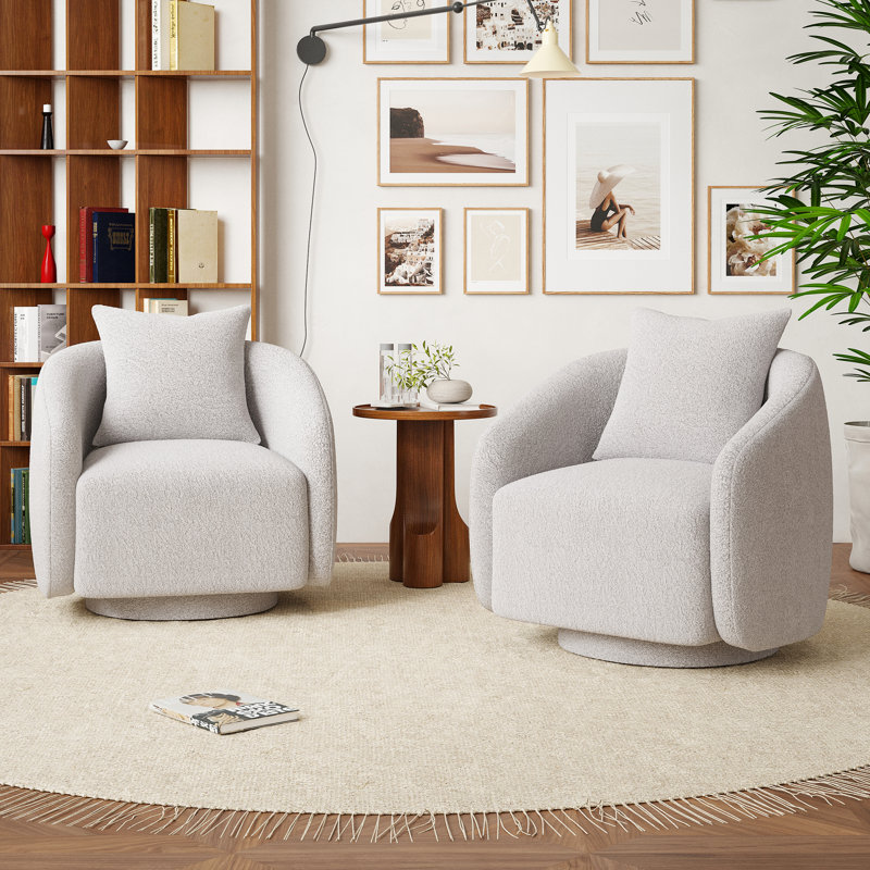 Bashar 28.5" W Upholstered Swivel Barrel Chair, Light Gray Boucle