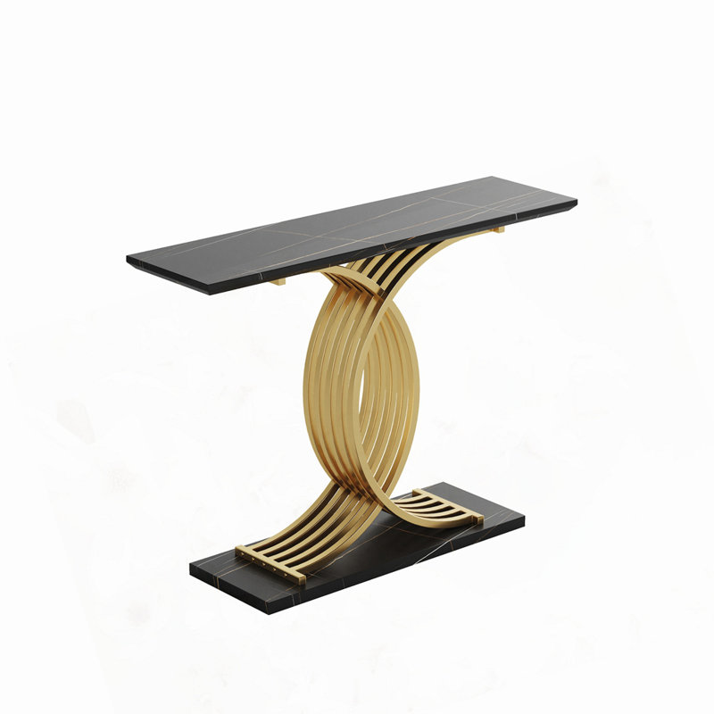 Light Luxury Black & Gold Console Table, Narrow Entryway Table with Double-Loop Cross Metal Frame, Water & Scratch Resistant MDF Tabletop, Slim Sofa Side Table for Hallway Living Room